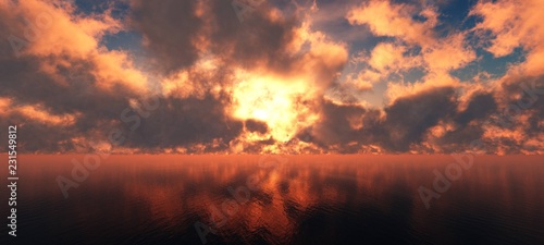 The explosion of water, clouds of fire and the sea, 3d rendering