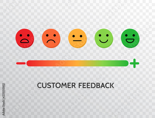 Feedback design with emotions scale background. Rating satisfaction concept. Set of feedback icons in form of emotions for mobile app and web. Excellent, good, normal, bad, awful. Vector illustration