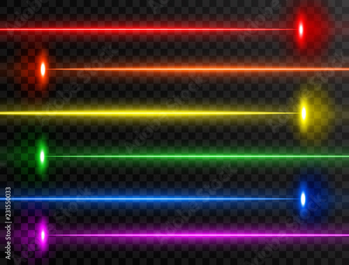 Laser beam set. Colorful rainbow laser beam collection isolated on transparent background. Neon lines. Glow party laser beams abstract effect. Bright futuristic design elements. Vector illustration photo