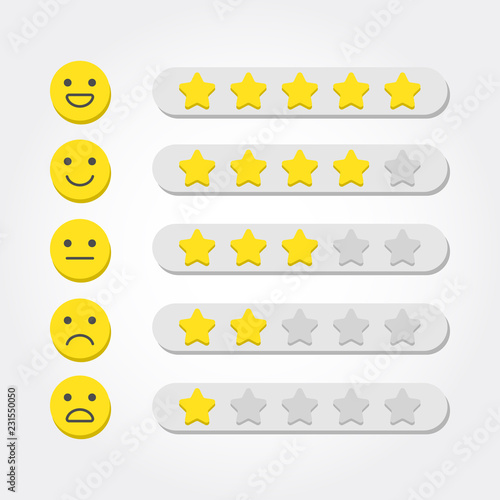 Feedback concept. Five stars rating and emoji scale for web and mobile app. Feedback consumer or customer review evaluation, satisfaction level and critic icon concept. Vector illustration