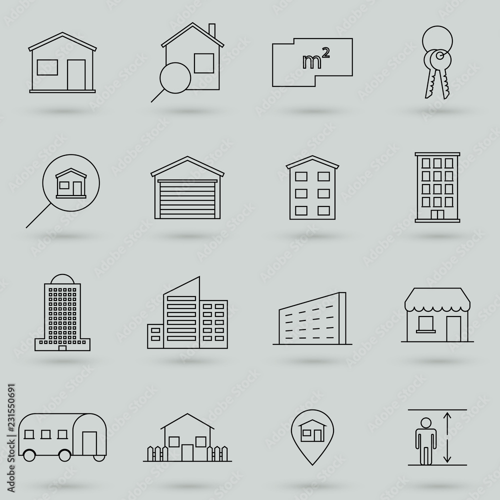 Property and accommodation line icon set. Included the icons as home, house, palace, resort, apartment, tower and more. Symbol, logo illustration. Property and accommodation line icon set. Included the icons as home, house, palace, resort, apartment, tower and more. Symbol, logo illustration.