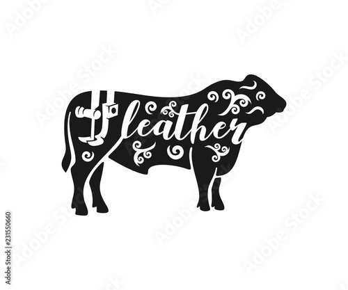 Bull  leather and leather sewing machine with sewing needle  logo design. Animal  animal husbandry  farming  farm  leather production and leather clothing  vector design and illustration