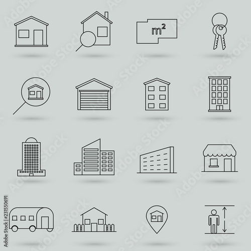 Property and accommodation line icon set. Included the icons as home, house, palace, resort, apartment, tower and more. Symbol, logo illustration.