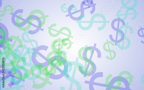 Multicolored translucent dollar signs on white background. Green tones. 3D illustration