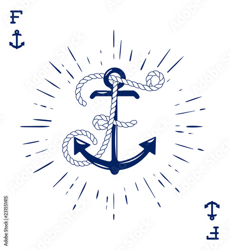 Vintage Label with an Anchor and Letter made of Ship Rope. Apparel t-shirt or Poster Design. Logotype Monogram with Playing Cards Style. Vector illustration.