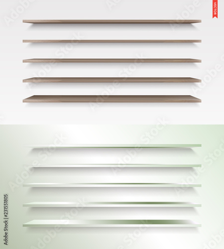 Set of Glass, Wood, Plastic, Metal Long Shelves in Vector Isolated on the Wall Background
