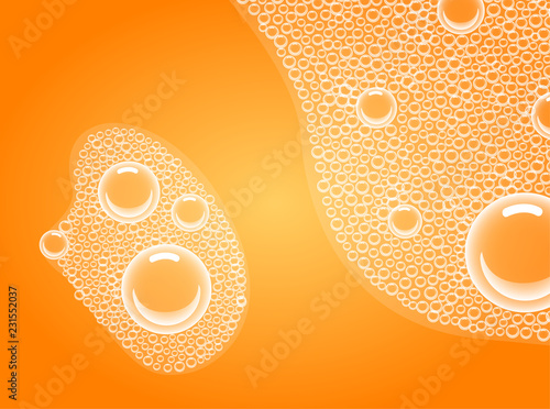 Soap Bubbles in Bath or Sud. Vector. Transparent Foam on Orange Soda water background.