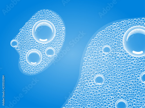 Soap Bubbles in Bath or Sud. Vector. Transparent Foam on Blue water background.