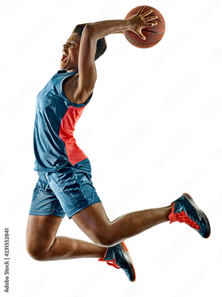 Fototapeta premium one african Basketball players woman teenager girl isolated on white background with shadows