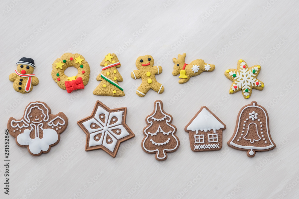 Set of christmas cookies on wooden background