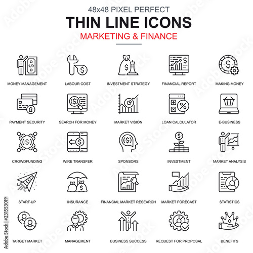 Thin line marketing and finance icons set for website and mobile site and apps. Contains such Icons as Crowdfunding, Market, Business. 48x48 Pixel Perfect. Linear pictogram pack. Vector illustration.