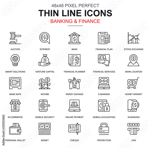Thin line banking and finance icons set for website and mobile site and apps. Contains such Icons as Bank, Financial Plan, M-commerce. 48x48 Pixel Perfect. Linear pictogram pack. Vector illustration.