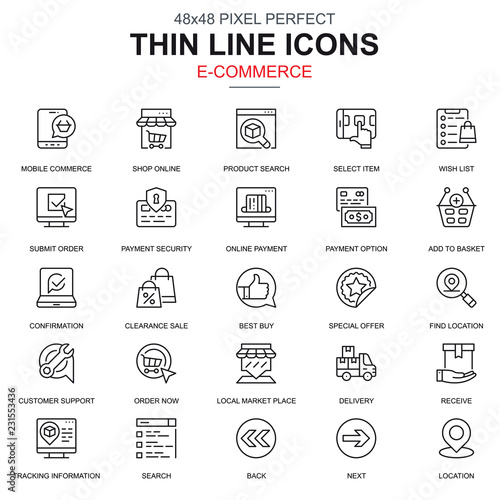 Thin line online shopping and e-commerce icons set for website and mobile site and apps. Contains such Icons as Payment, Support. 48x48 Pixel Perfect. Linear pictogram pack. Vector illustration.
