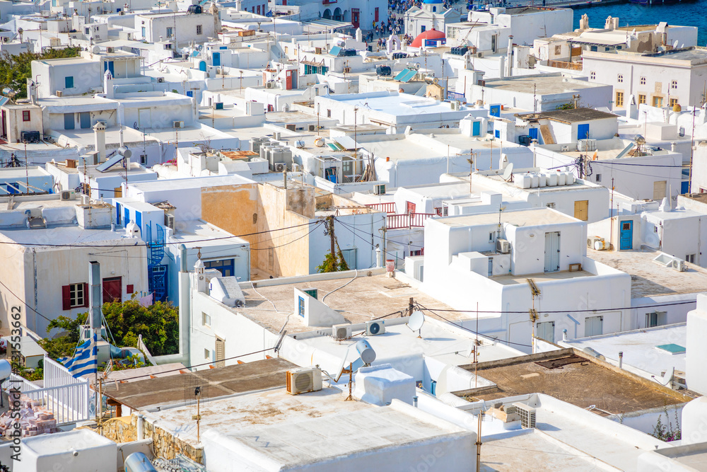 Panoramic view over Mykonos town with white architecture in Greece Panoramic view over Mykonos town with white architecture in Greece