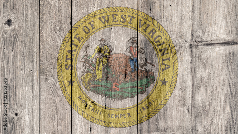 USA Politics News Concept: US State West Virginia Seal Wooden Fence Background