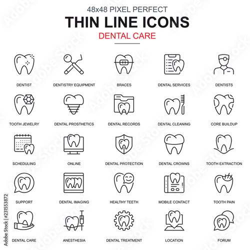 Thin line dental care  dentistry equipment icons set for website and mobile site and apps. Contains such Icons as Dentist  Braces. 48x48 Pixel Perfect. Linear pictogram pack. Vector illustration.