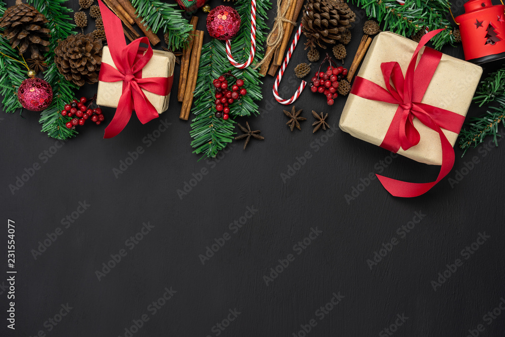 Table view of Christmas decorations & Happy new year lay essential