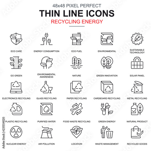 Thin line recycling, environmental protection, icons set for website and mobile site apps. Contains such Icons as Eco, Innovation. 48x48 Pixel Perfect. Linear pictogram pack. Vector illustration.
