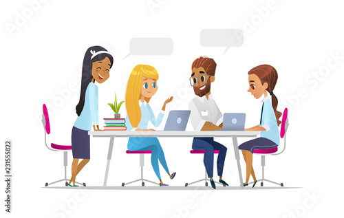 Meeting business people in a cartoon style. Team discusses social network, news, chat, dialogue speech bubbles near them, negotiate new projects. Discussion of the company s business strategy.