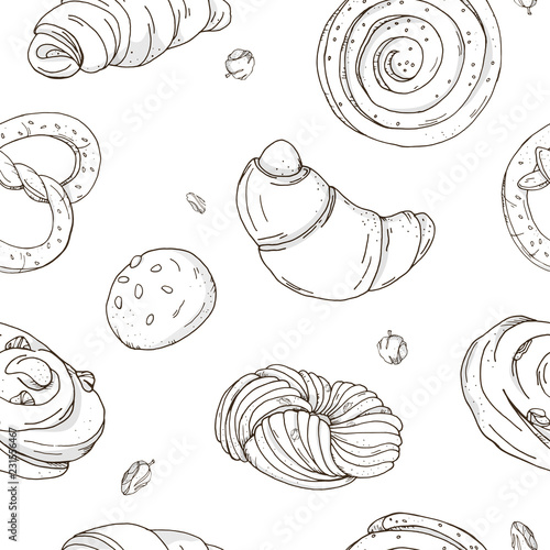 Seamless pattern with delicious sweet pastries. Stylish, black-and-white rolls, croissants, pretzels on a white background. Vector illustration in sketch style.