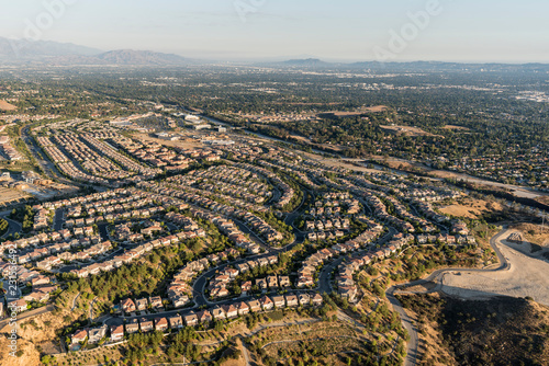 Aerial view of Porter Ranch cul de sac streets and the San Fernando Valley in Los Angeles, California. photo