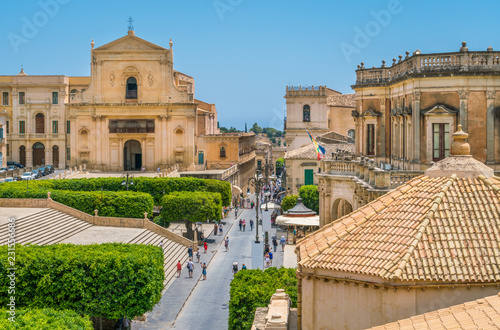 Scenic view in Noto, with the Santissimo Salvatore Church and the Palazzo Ducezio. Province of Siracusa, Sicily, Italy.