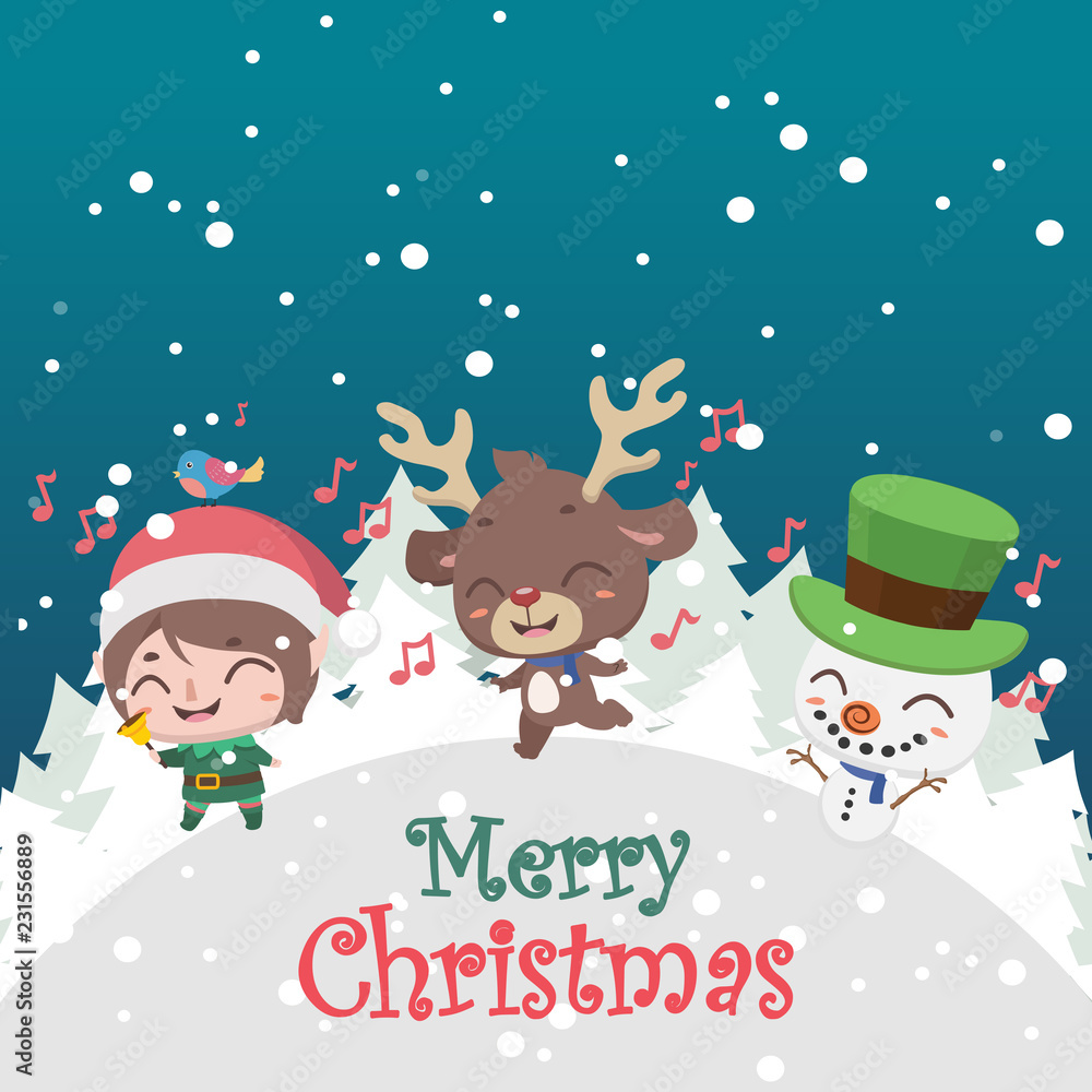 Cute Christmas greeting with elf, reindeer and snowman