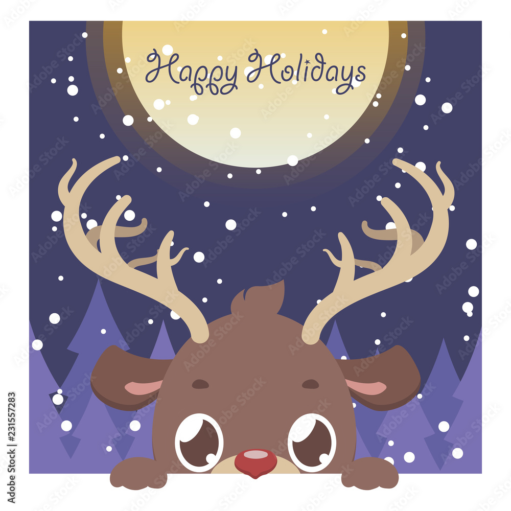 Fototapeta premium Cute peeking reindeer Christmas greeting