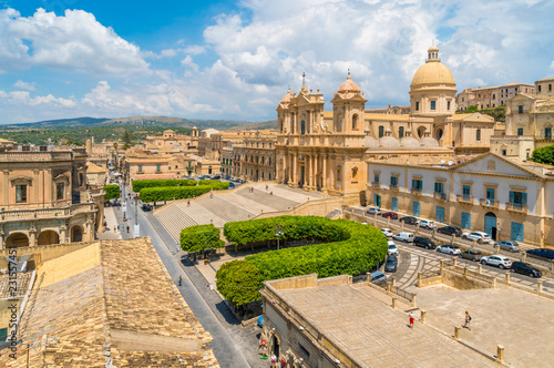 Panoramic view in Noto, with the Cathedral and the Palazzo Ducezio. Province of Siracusa, Sicily, Italy.
