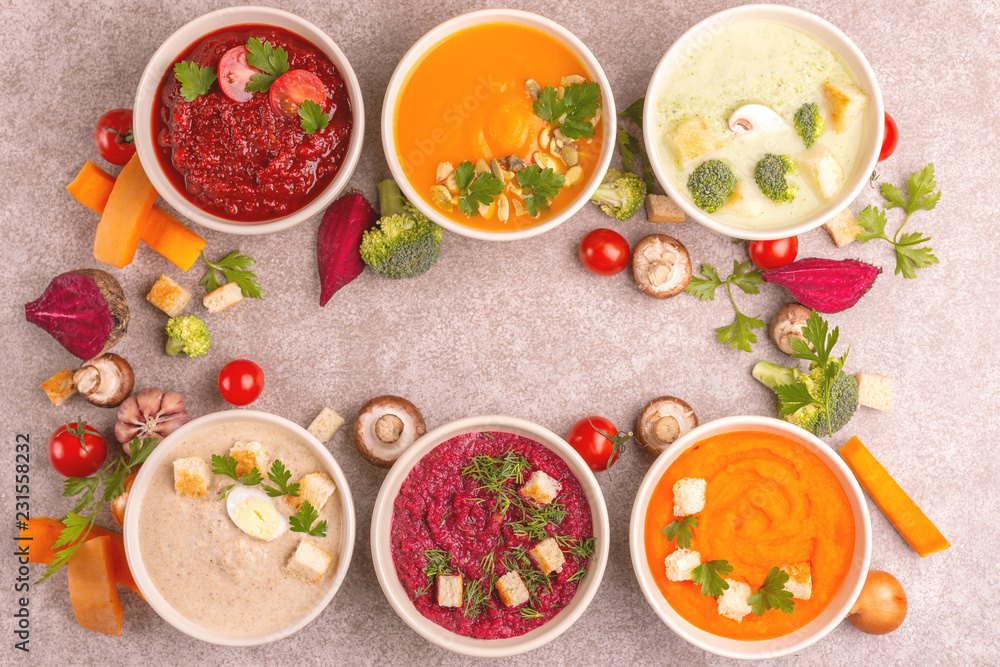 Variety of colorful tasty vegetables cream soups and fresh ingredients Variety of colorful tasty vegetables cream soups and fresh ingredients