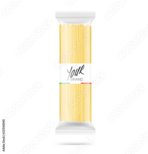 Mockup of pasta pillow bag isolated on white background. Vector illustration. Ready to place your design. EPS10.