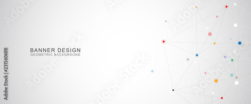 Vector banner design. Geometric abstract background with connected dots and lines. Molecular structure and communication. Digital technology background and network connection.