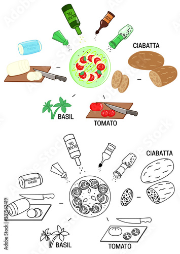 Recipe caprese Salad vector diy instruction manual illustration sketch