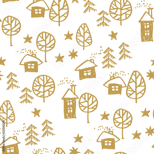 Xmas forest with houses seamless pattern.