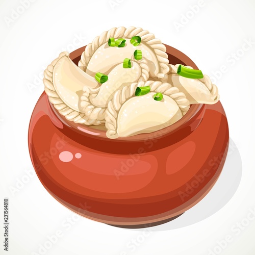 Ukrainian traditional dumplings in a clay pot isolated on a white background