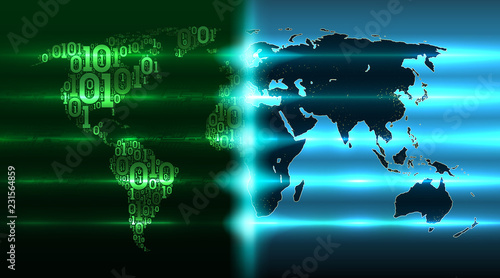Digital revolution on world map. Map Earth with continents from a binary code with a background of abstract printed circuit boards, electronics