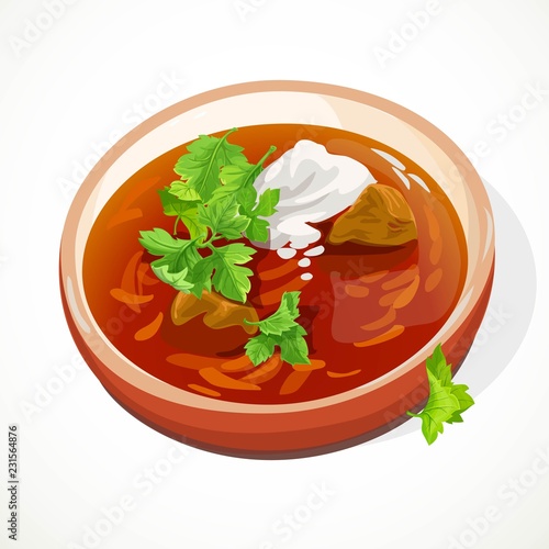 Ukrainian traditional red borscht with sour cream in a clay plate ssolated on white background