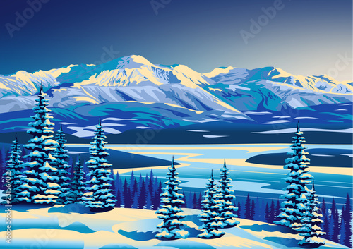 Winter landscape with fir trees, lake, forests and mountains in the background. Handmade drawing vector illustration. All objects are grouped and divided into layers. Flat Design.