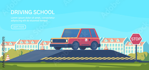 Driving school. Practical testing of maneuvers and exercises to improve driving skills. Flat vector illustration.