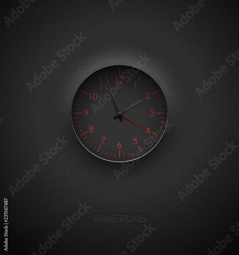 Realistic deep black round clock cut out on textured plastic dark background. Red round scale and numbers. Vector icon design or ui screen interface element.