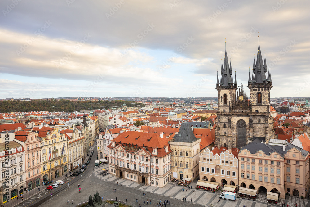 Prague, old town square, aerial view, Czech Republic, cloudy day