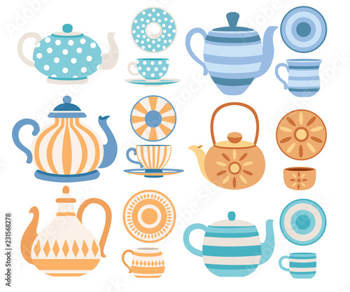 Vector set of teapots and cups with cute patterns. Tea-set cartoon style design. Flat vector illustration on white background