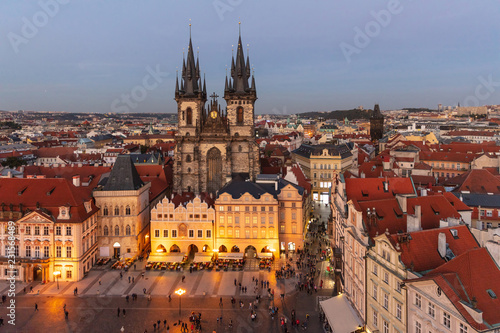 Photography Church of Our Lady in Prague, aerial view, night lights, Czech Republic