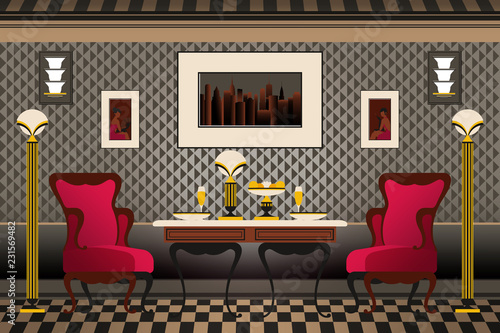 Home interior with chairs, table and pictures on the walls in the living room. Handmade drawing vector illustration. Retro furniture. The Art Deco Style. Flat Design.