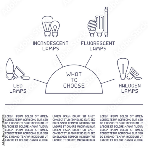 Different types of lamps with names. Line style vector illustration.Iinfo cards. There is place for your text photo