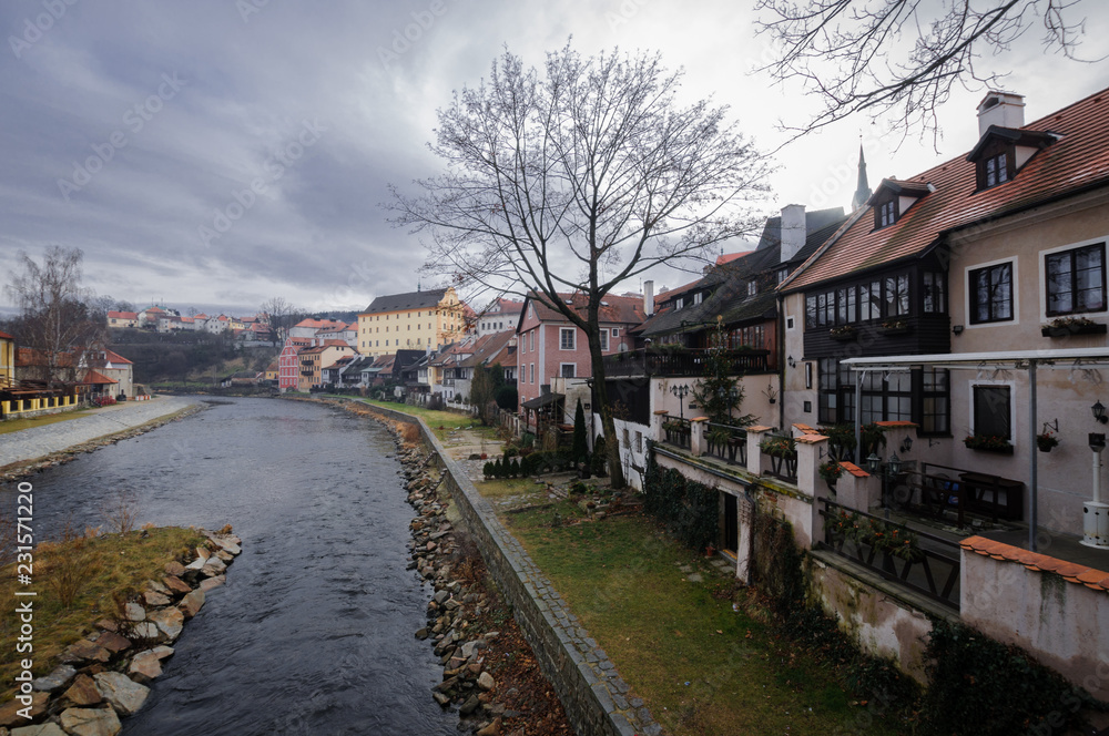 Cesky Krumlov, South Bohemian Region, Czech Republic -  January 4, 2014: View of the streets of the old Czech city