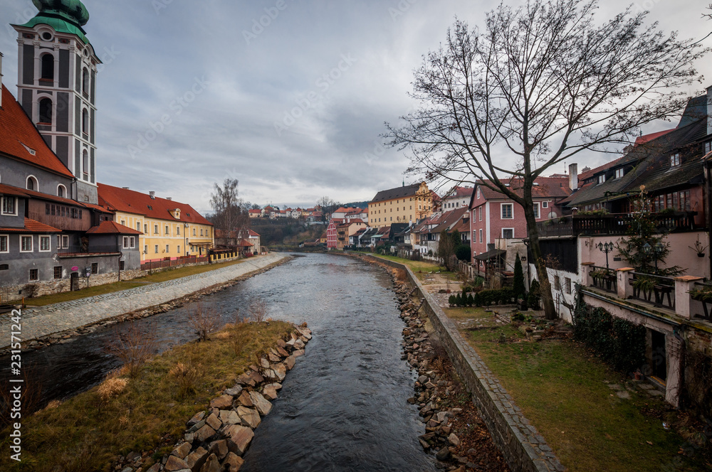 Cesky Krumlov, South Bohemian Region, Czech Republic -  January 4, 2014: View of the streets of the old Czech city