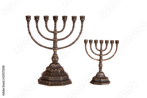 Ritual menorah candlestick on white background