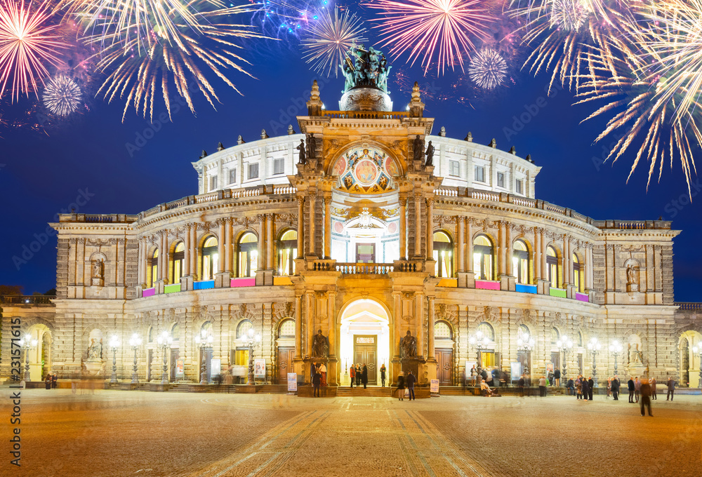 Fototapeta premium Opera house of Dresden at night with fireworks, Germany