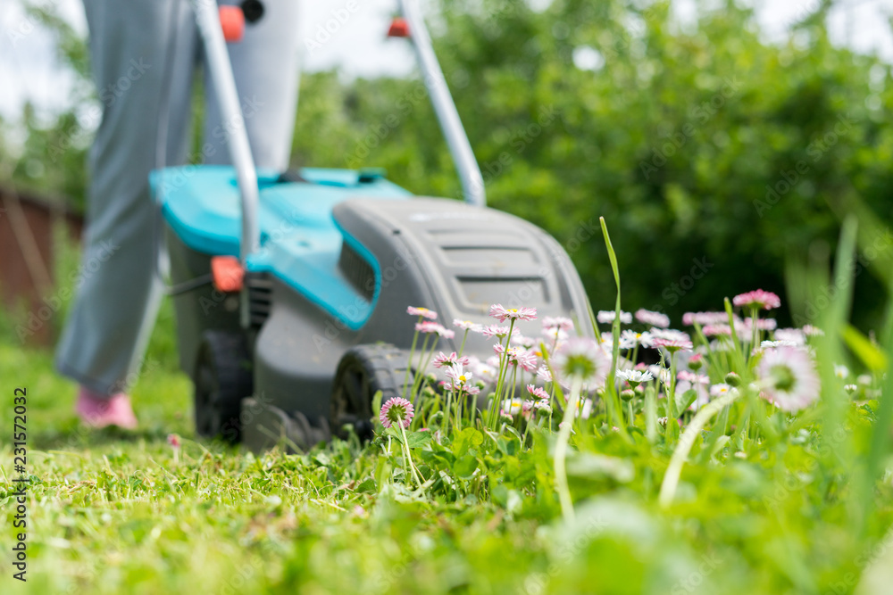 outdoor worker mowing the lawn